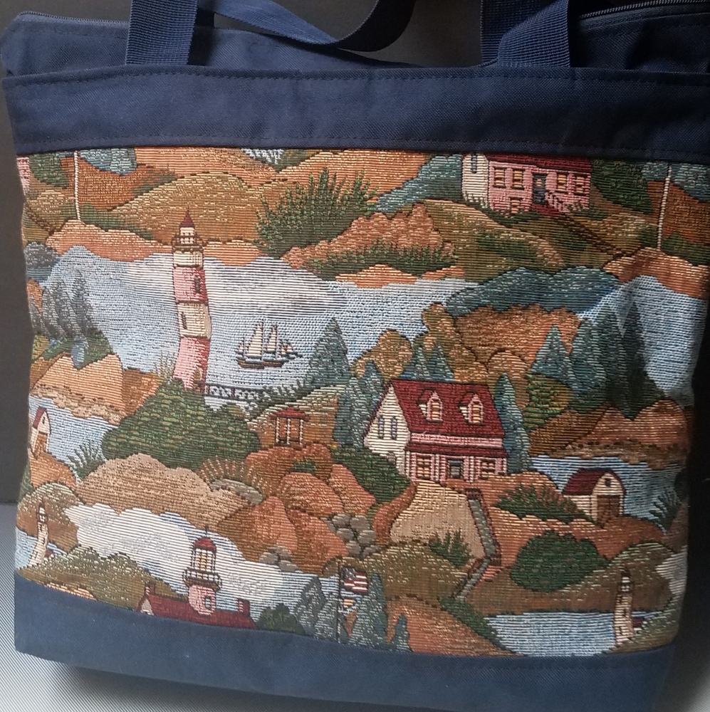 Nantucket sailing village Coastal Granny Tapestry tote large shopper ziptop